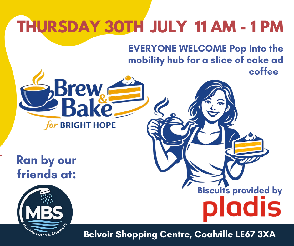 Bake sale poster for Bright Hope: Friday 3rd July, 2–4 pm, at Bright Hope House, with ESBS and Pladis logos.