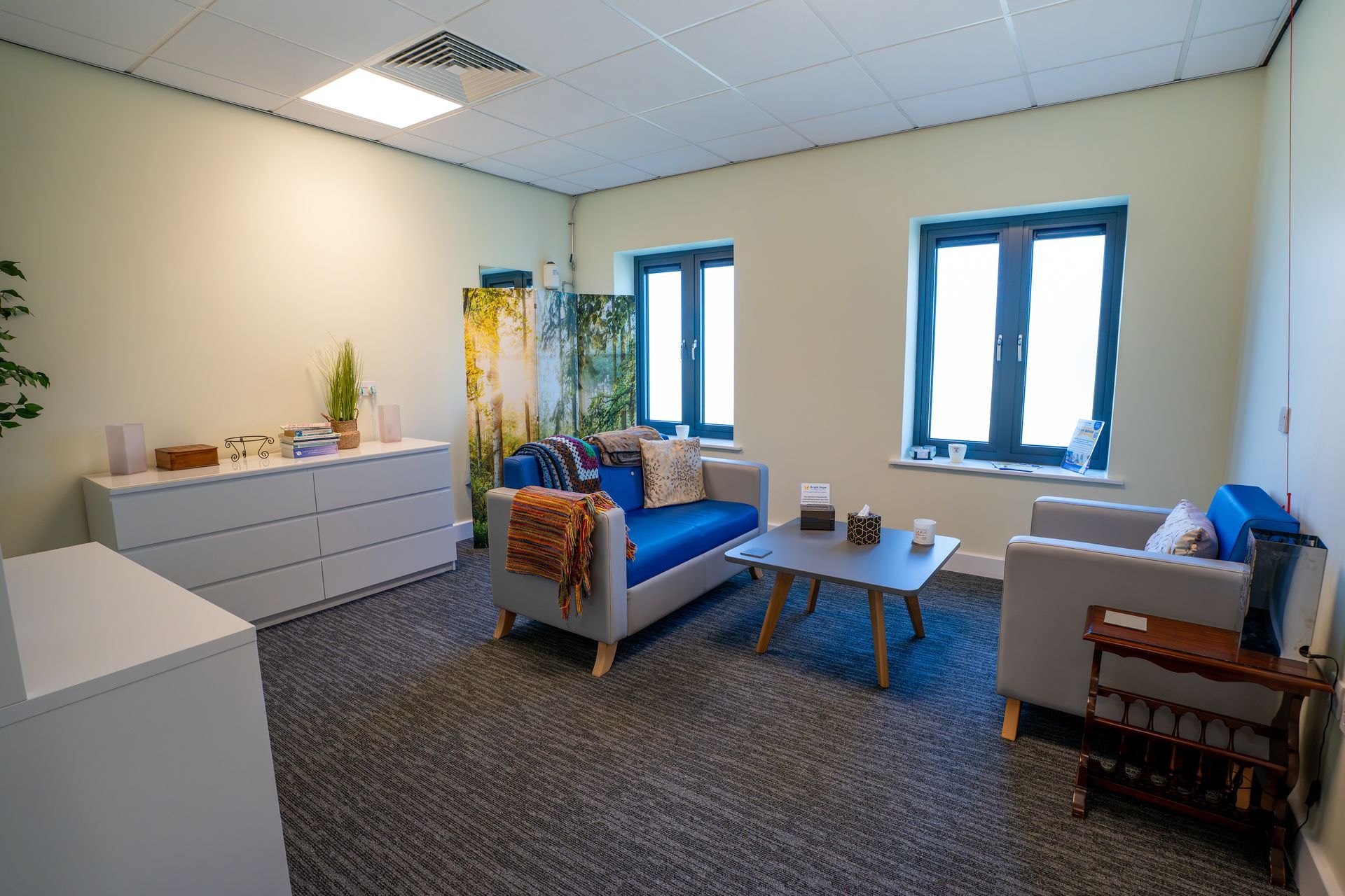 Therapy room: blue sofa, gray armchair, small table, two windows, decorative screen.
