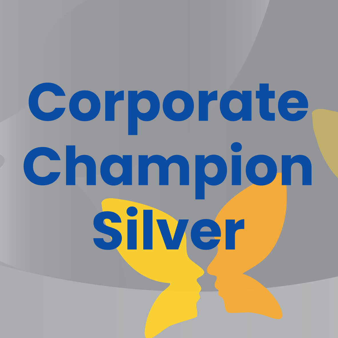 Silver Corporate Champion award with blue text on gray background and yellow butterfly.