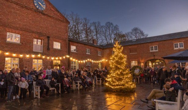 Christmas tree illuminated in a courtyard with a crowd of people gathered in front of a brick building.