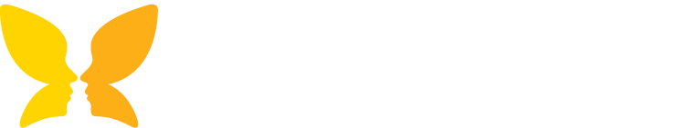 Yellow and orange butterfly-like logo on white background.