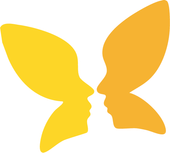 Two faces in profile form a butterfly shape, yellow and gold.