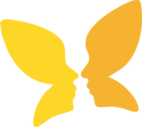 Two faces in profile form a butterfly shape, yellow and gold.