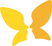 Two faces in profile form a butterfly shape, yellow and gold.