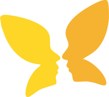 Two faces in profile form a butterfly shape, yellow and gold.