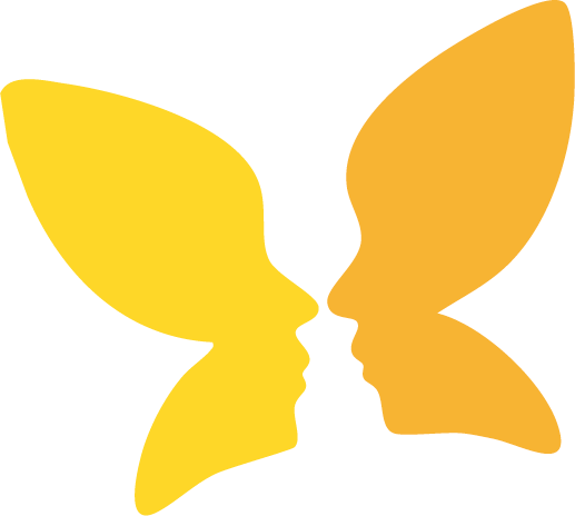 Two faces in profile form a butterfly shape, yellow and gold.