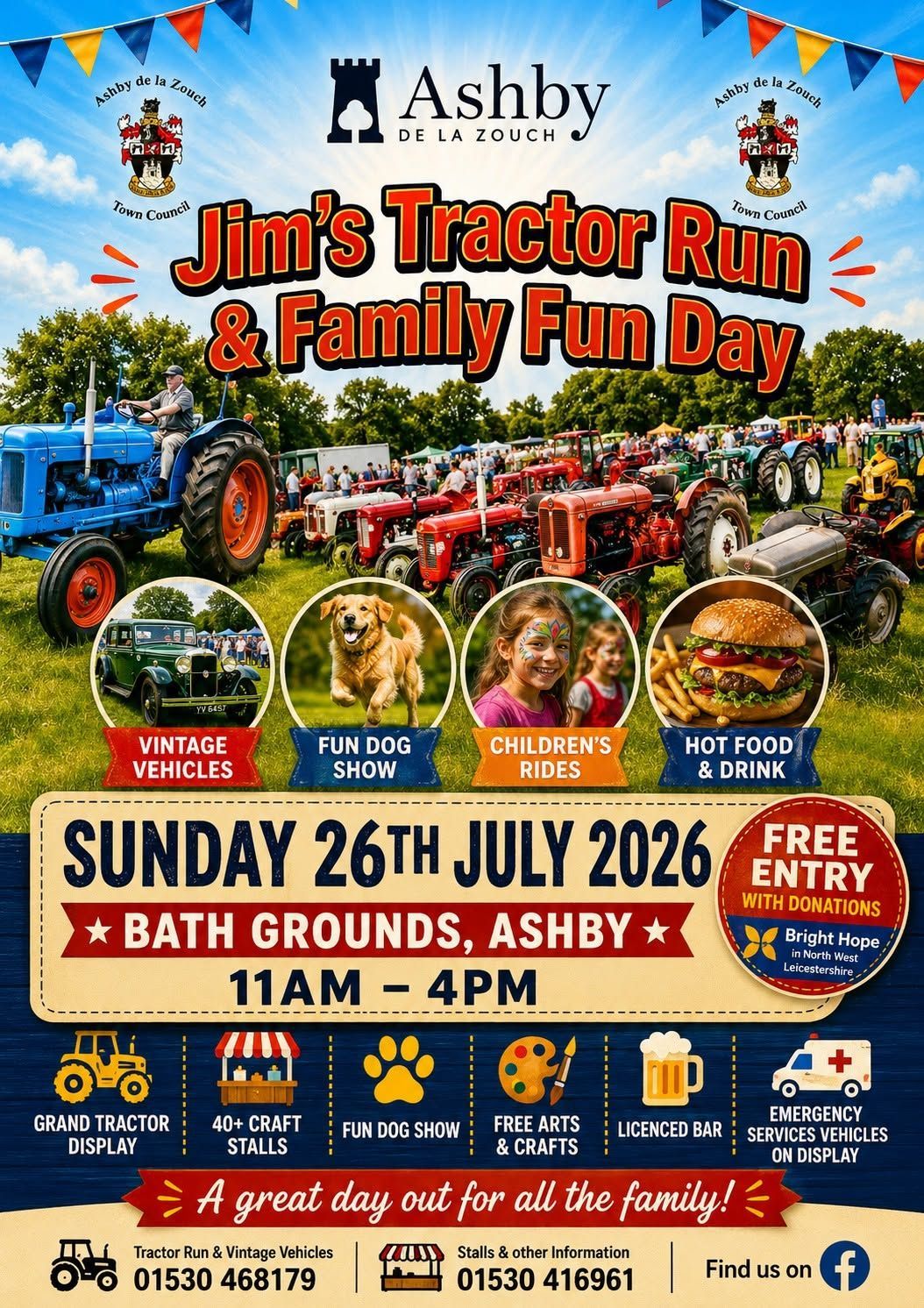 Jim’s Tractor Run and Family Fun Day poster with tractors, Ashby branding, Sunday 26 July 2026, Bath Grounds