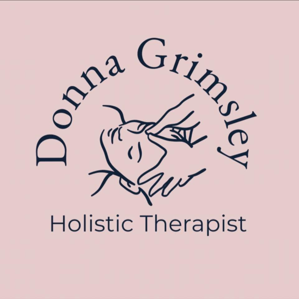 Donna Grimsley Holistic Therapist logo on pink background with line-art face and hands