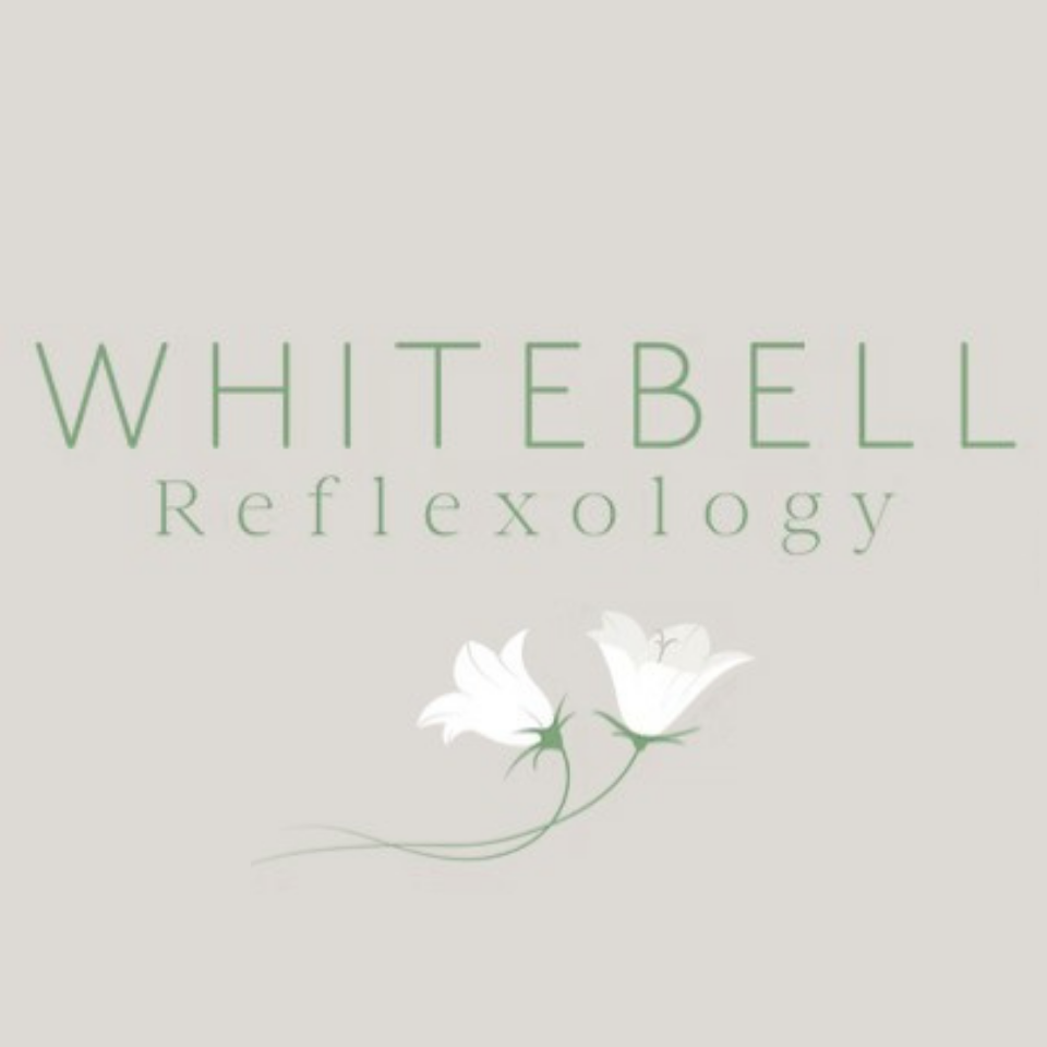 WHITEBELL Reflexology logo with white flowers and pale green text on a beige background