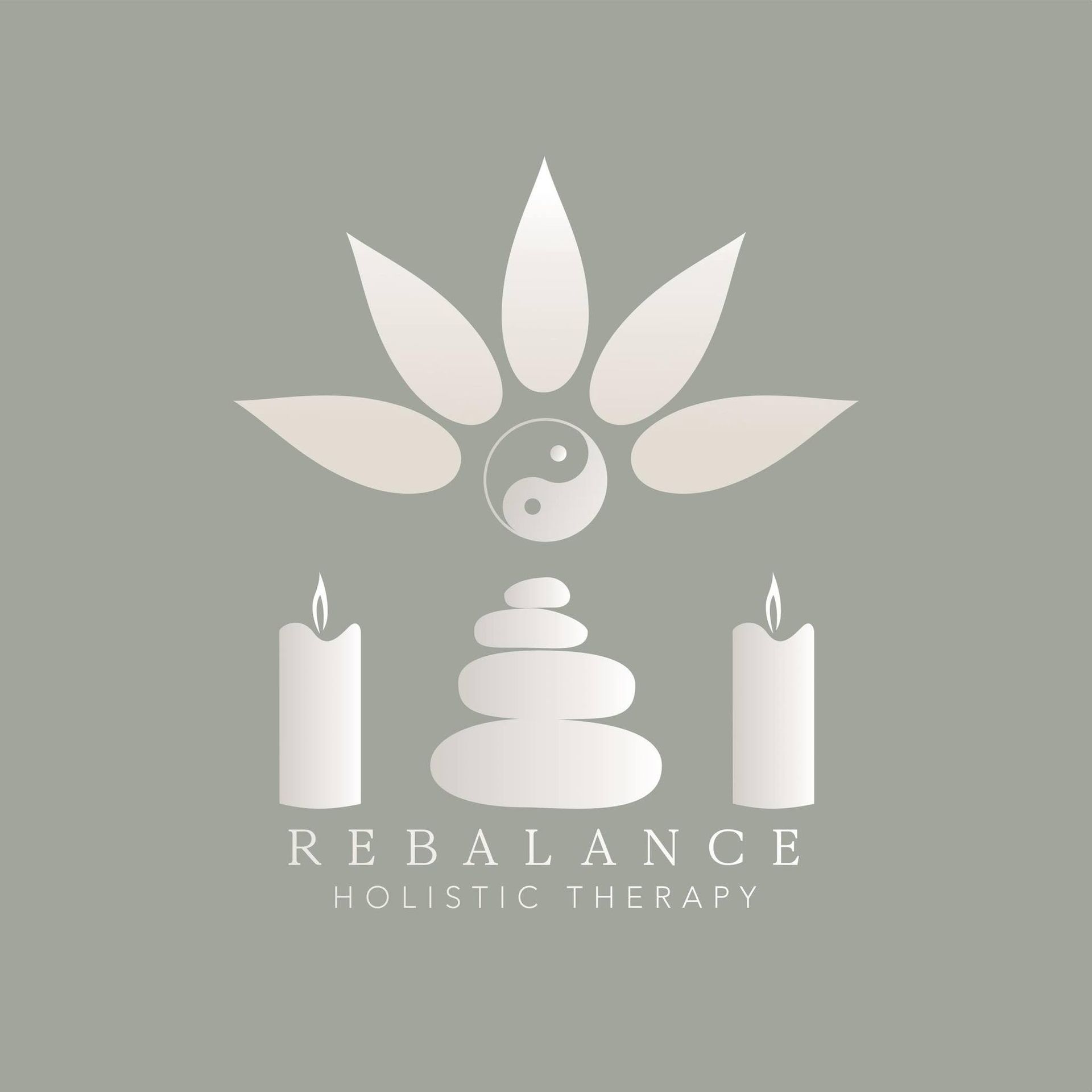 Rebalance Holistic Therapy logo with lotus, yin-yang, candles, and stacked stones on a gray background