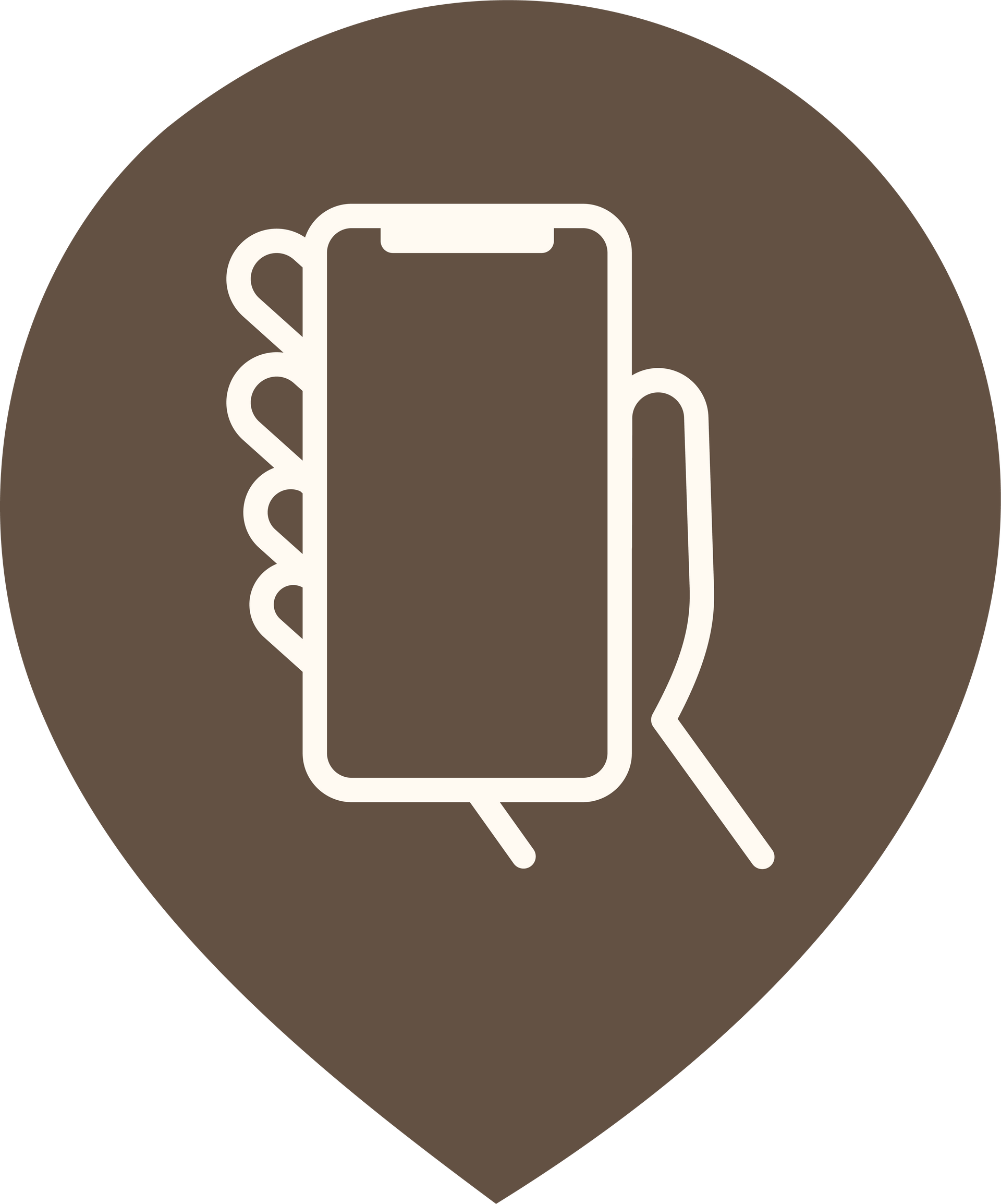 Hand holding a smartphone, within a brown half infinity shape.