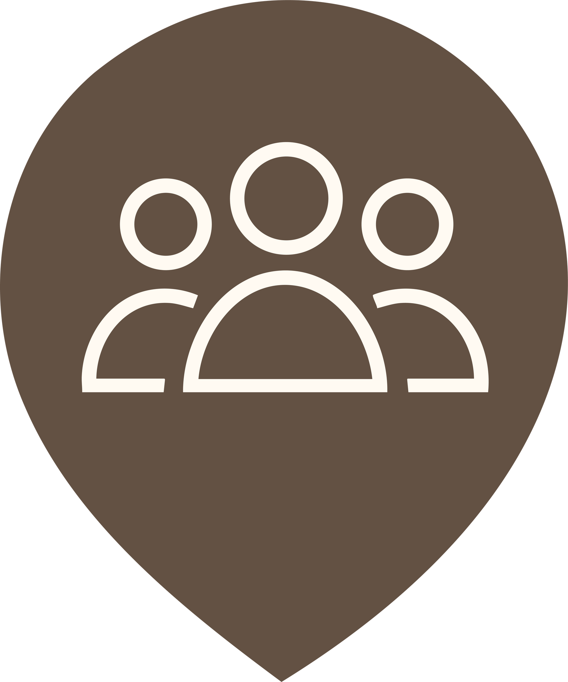 White on brown half infinity shape, three white outlined figures, symbolizing a group of people.