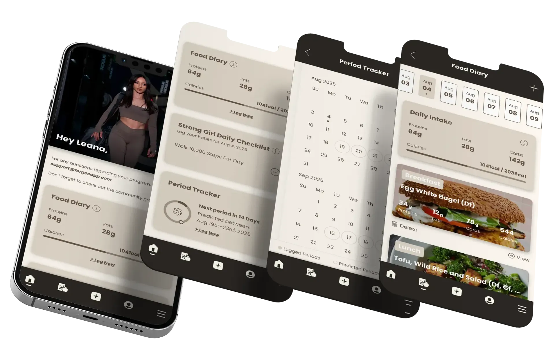 A mockup of a smartphone displaying a food tracking app interface. Screenshots showcase nutritional info, a calendar, and food photos.