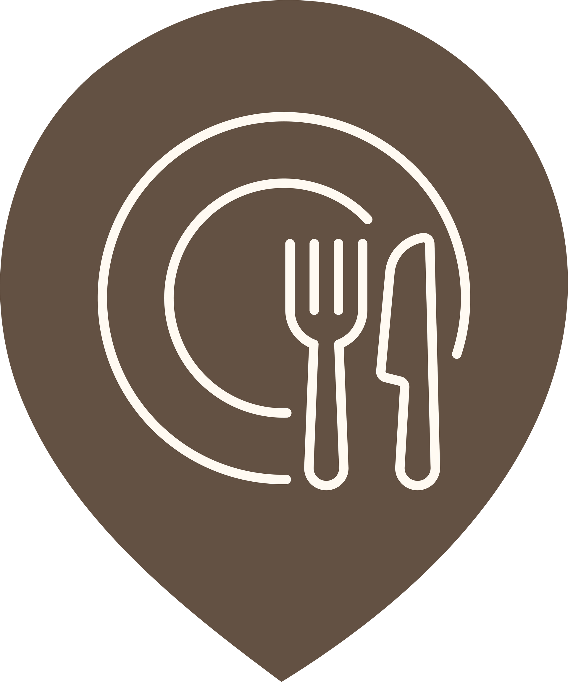 Brown location marker with white outline of a plate, fork, and knife, indicating a restaurant.