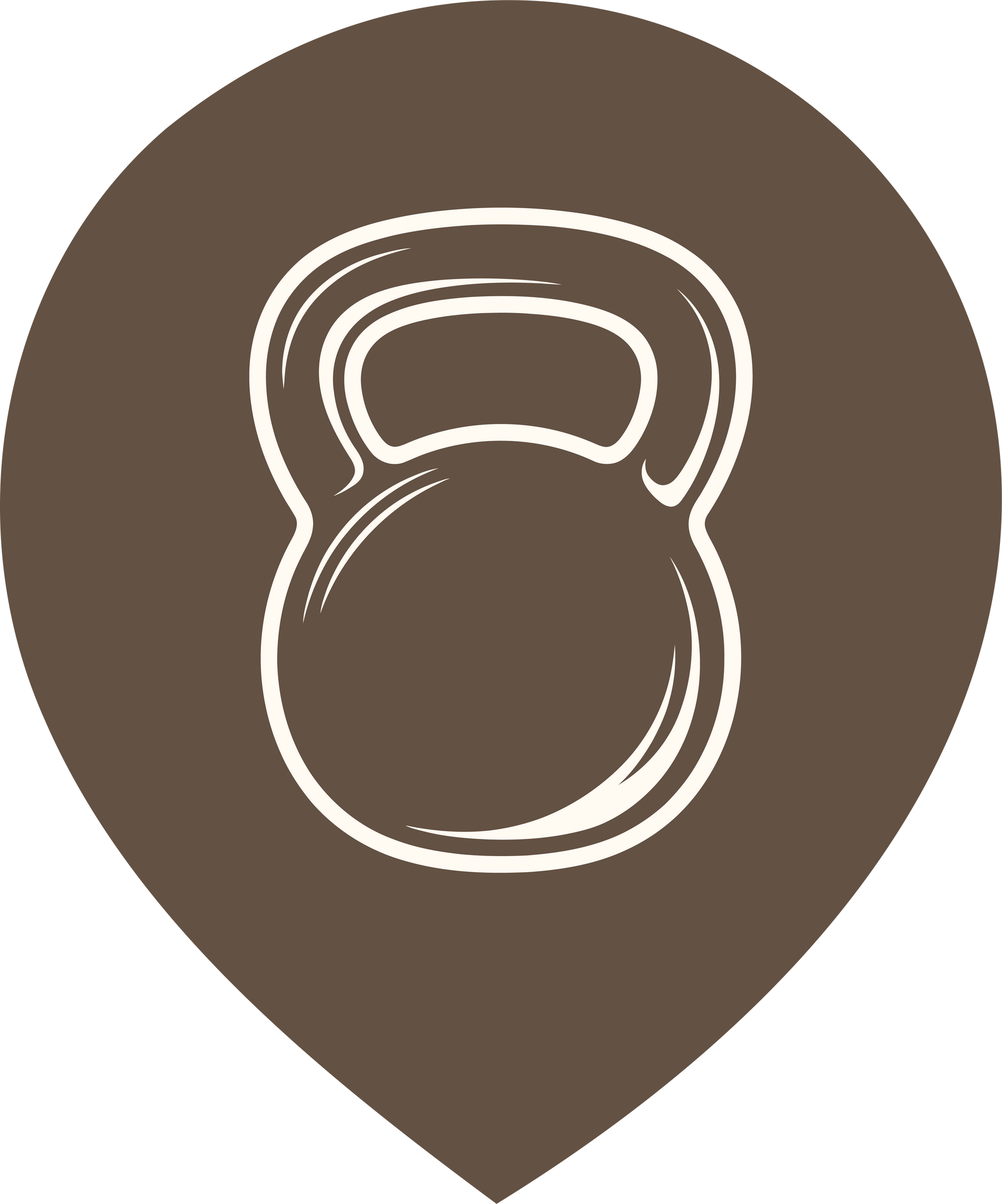 Kettlebell icon, white on brown half infinity shape.