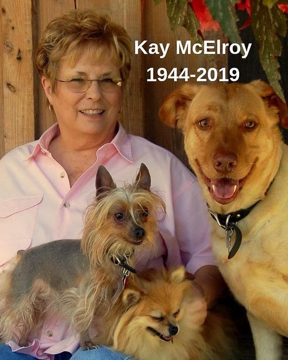 Kay Mcelroy is posing for a picture with two dogs