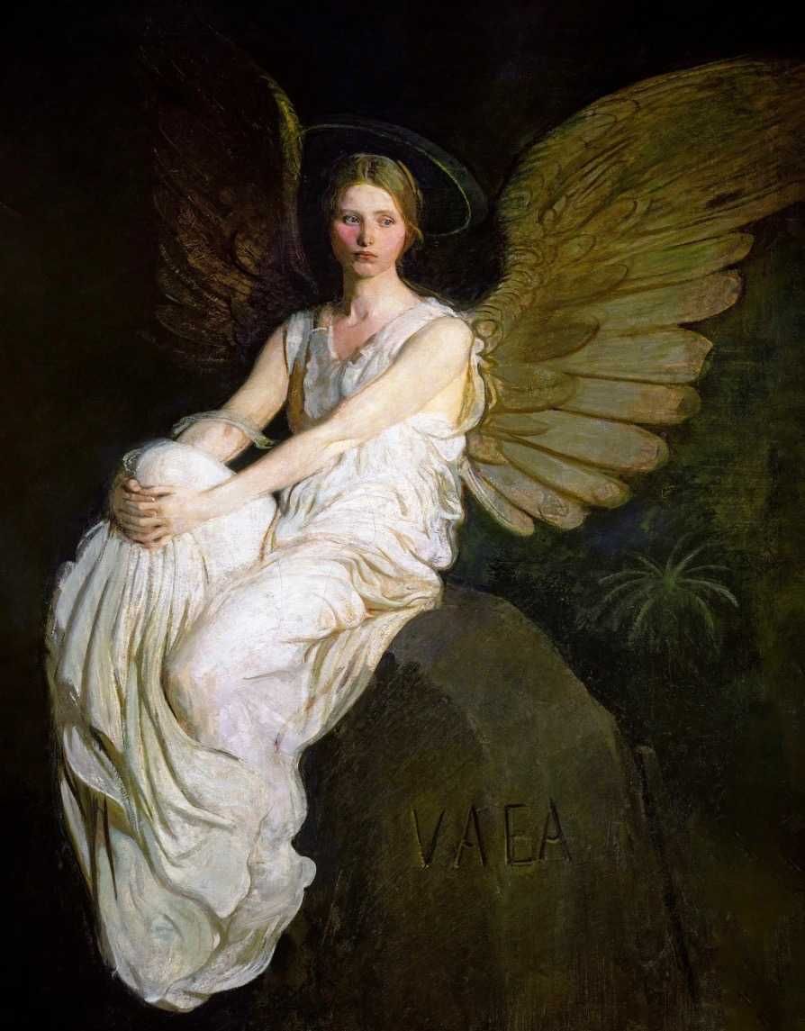 An angel in a white gown sits on a rock, wings outstretched, illuminated by soft light.