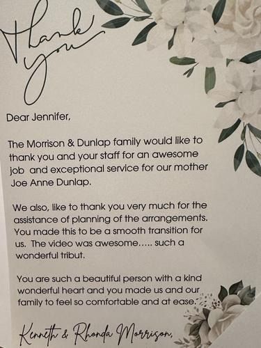 Thank you note with floral accents; expresses gratitude to Jennifer for service to the Morrison & Dunlop family.