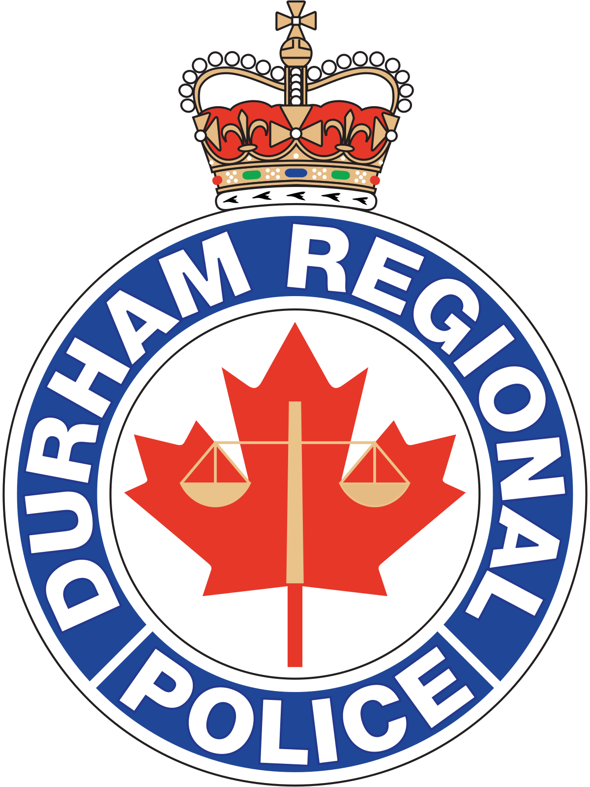 A logo for the durham regional police with a maple leaf and scales of justice