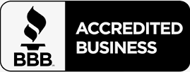 A black and white logo for an accredited business