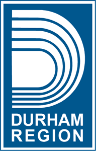 A blue and white logo for durham region