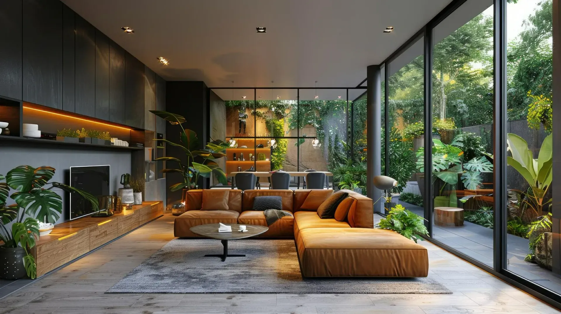 Moderna sala de estar con sofá seccional marrón y ventanas de piso a techo con vista a un exuberante jardín.