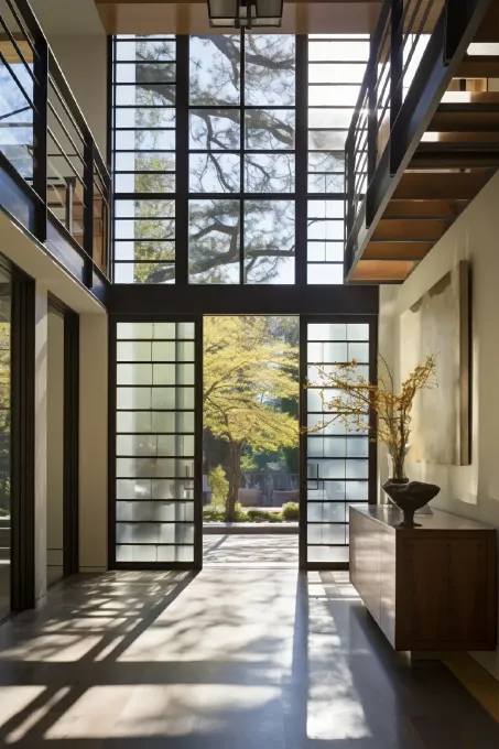 Hallway with floor-to-ceiling windows overlooking a tree; metal railings and a wooden cabinet.