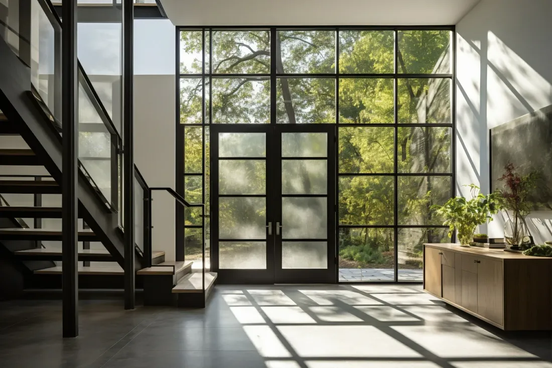 Interior with black-framed glass doors and window, modern staircase, and wooden cabinet, with a bright outdoor view.