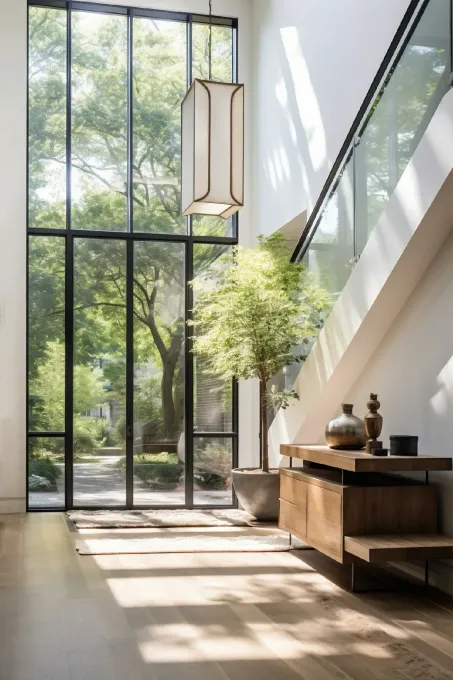 Modern entryway with tall windows, a staircase, and a wood cabinet with decorative objects.