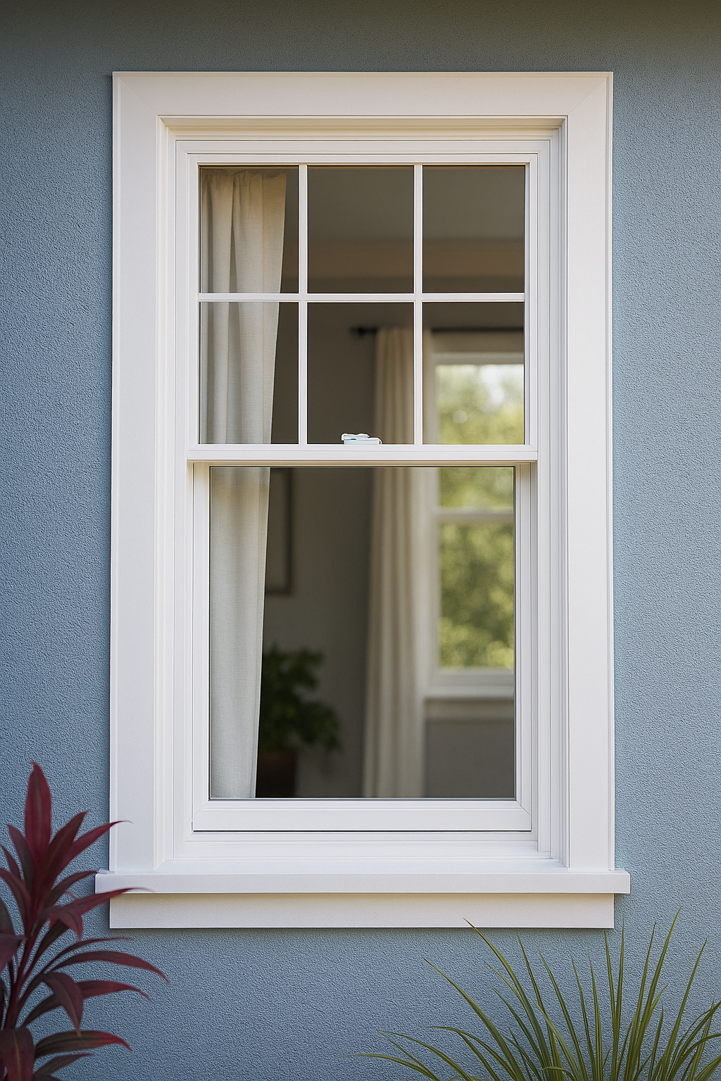 Ventana con marco blanco sobre pared azul texturizada, vista interior con cortinas y árboles.