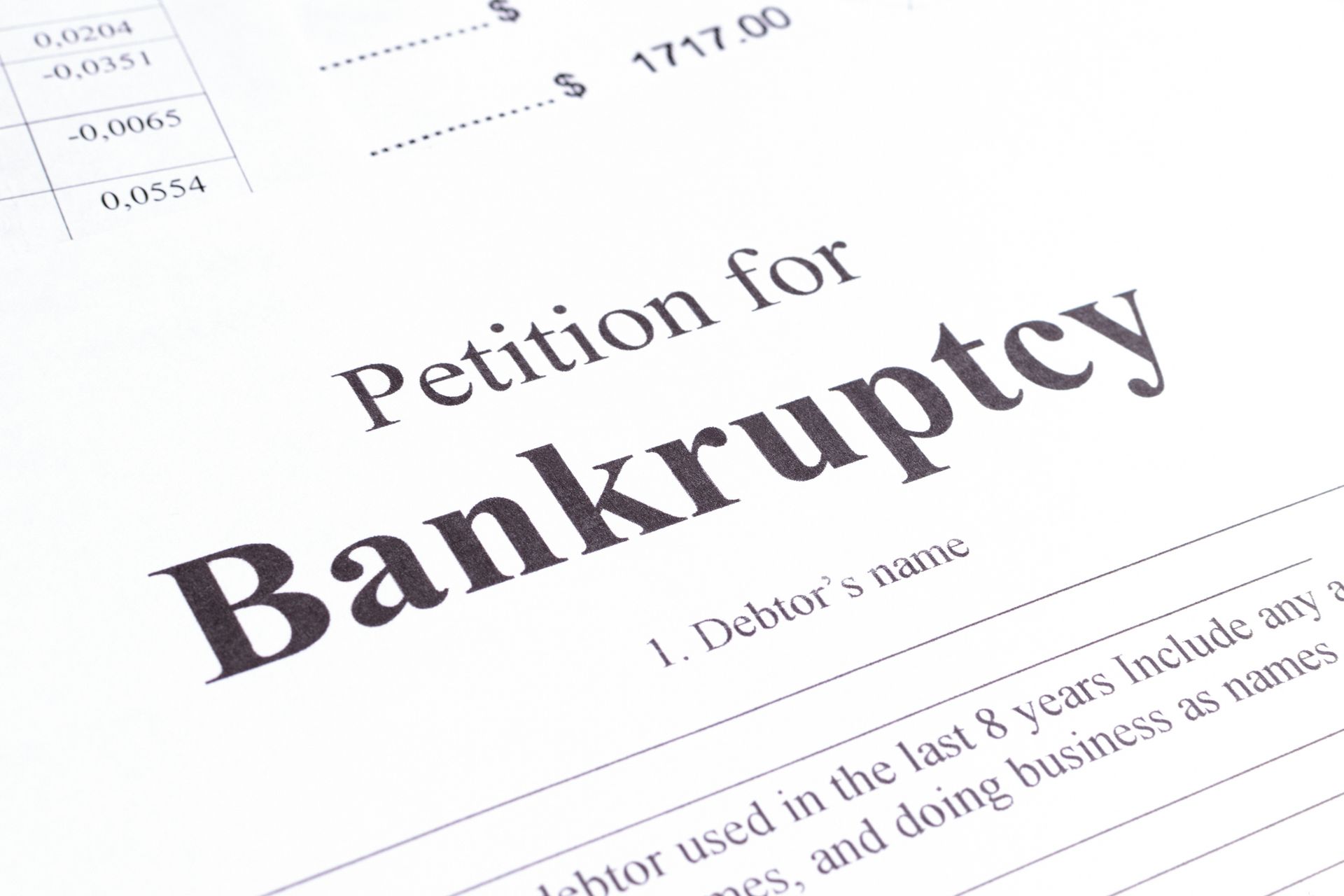 Close-up of a bankruptcy petition document. Close-up of a bankruptcy petition document.