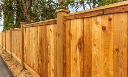 A wooden fence along a sidewalk with trees in the background.