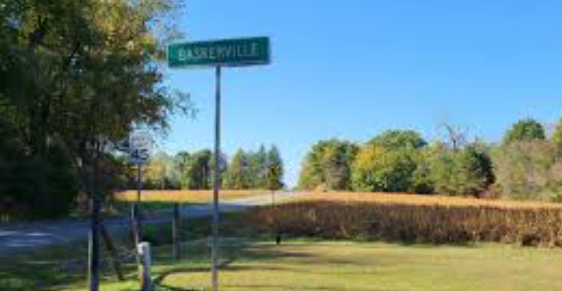 A green street sign labeled BASKERVILLE stands on a metal pole in a rural, sunny setting with trees and a field.