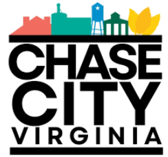 The words CHASE CITY VIRGINIA under a colorful, stylized silhouette of local buildings and tobacco leaves.