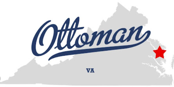 The text Ottoman in blue script over a gray map of Virginia, with a red star marking the location in the Northern Neck.