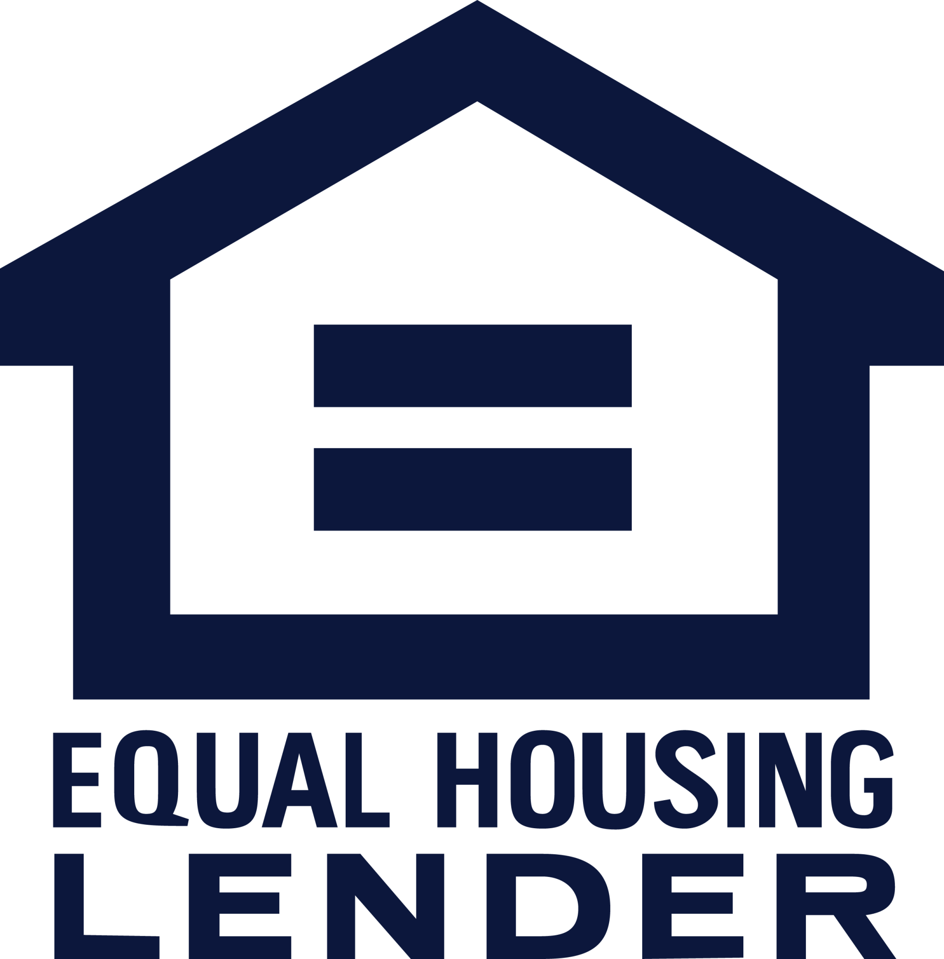 The logo for equal housing lender shows a house with two equal bars on it.