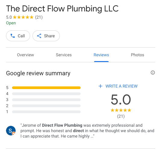 A 5 star google review summary for the direct flow plumbing llc