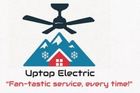 Logo for Uptop Electric featuring a ceiling fan over a house and mountains. Blue, red, and white colors.