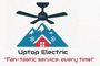 Logo for Uptop Electric featuring a ceiling fan over a house and mountains. Blue, red, and white colors.