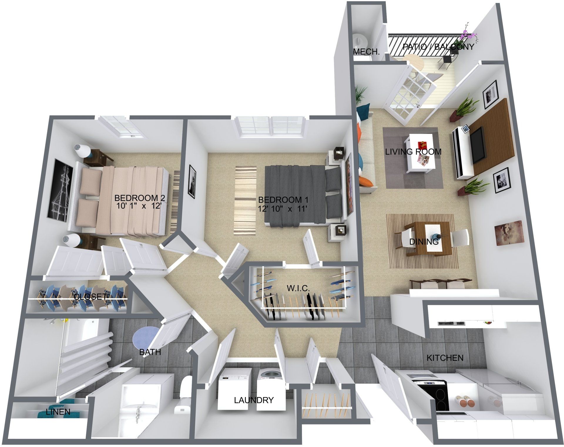 2 Bed, 1 Bath floor plan