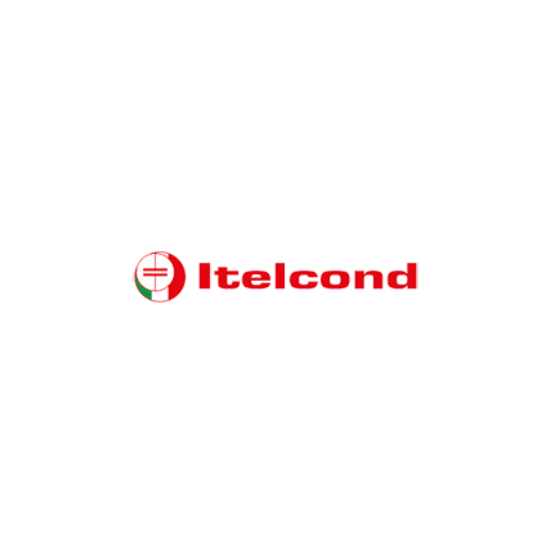 A red and white logo for itelcond on a white background