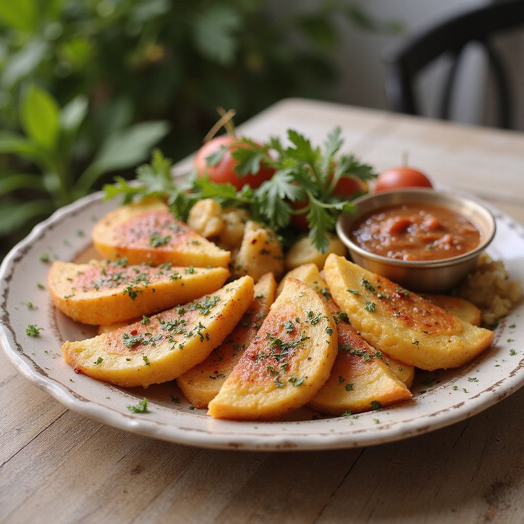 Teller mit goldbraun frittierten Speisen, dazu Soße, Tomaten und Petersilie.
