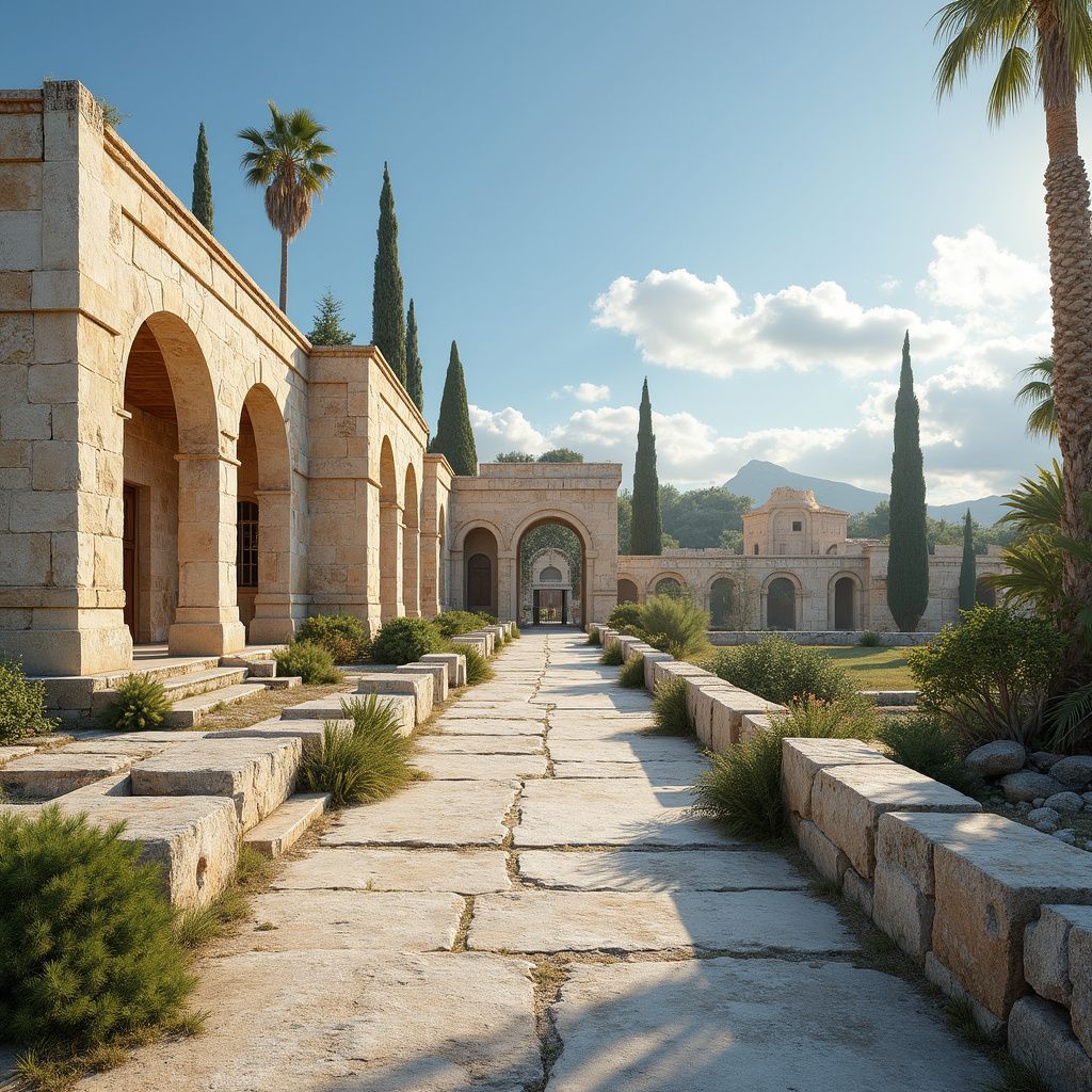 Ein Steinweg führt zu gewölbten Gebäuden, Palmen und Bergen unter blauem Himmel.