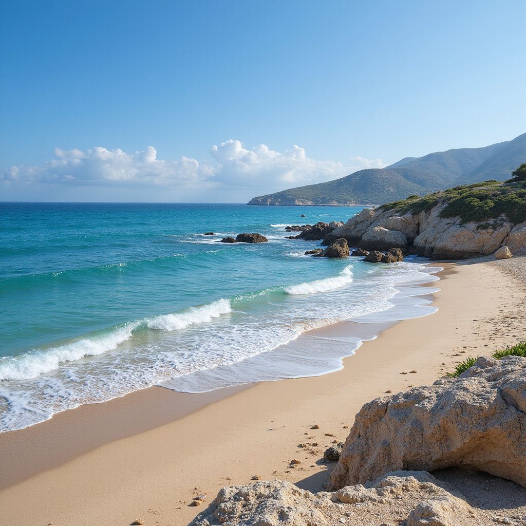 Sandstrand mit türkisfarbenem Wasser, felsige Küste und Berge unter strahlend blauem Himmel.