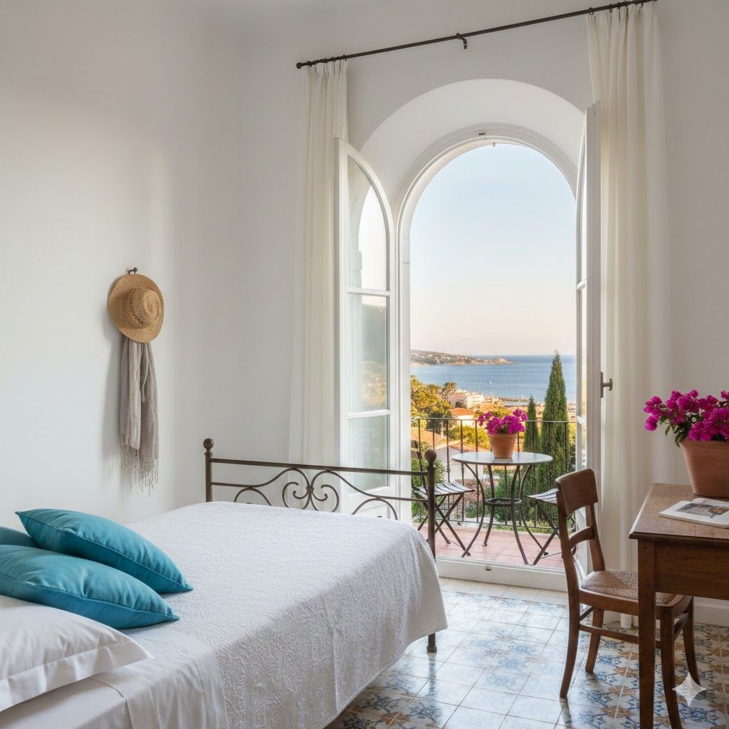 Ein Einzelzimmer für Alleinreisende ohne Aufpreis mit Aussicht auf das blaue Meer in Süden mit Sonne