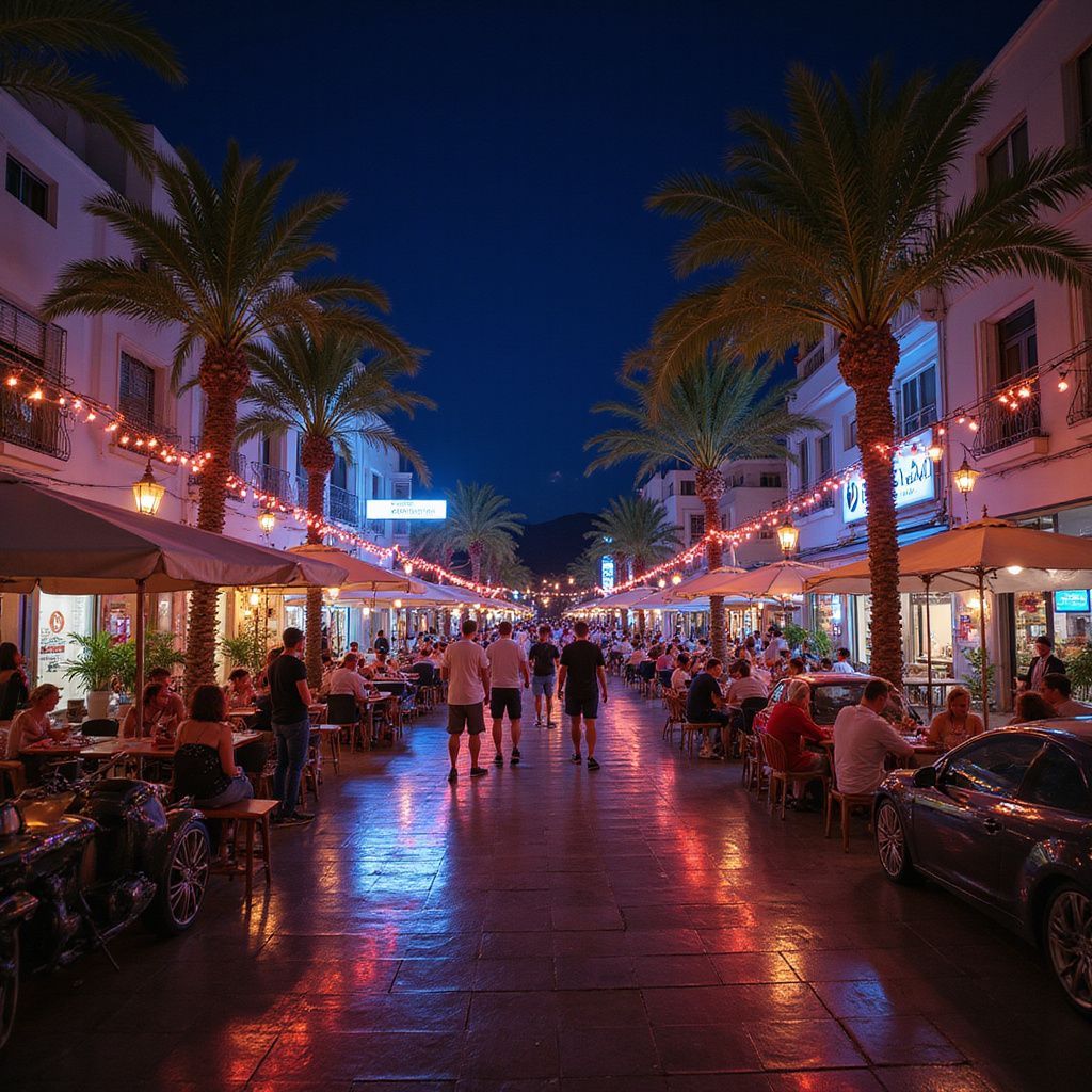 Eine nachts beleuchtete Fußgängerzone. Palmen, Restaurants und Menschen, die flanieren und speisen.