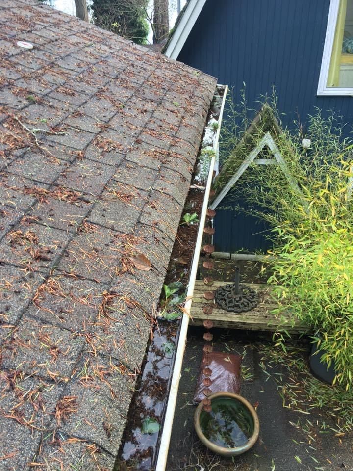 A gutter on the side of a house with leaves on it.