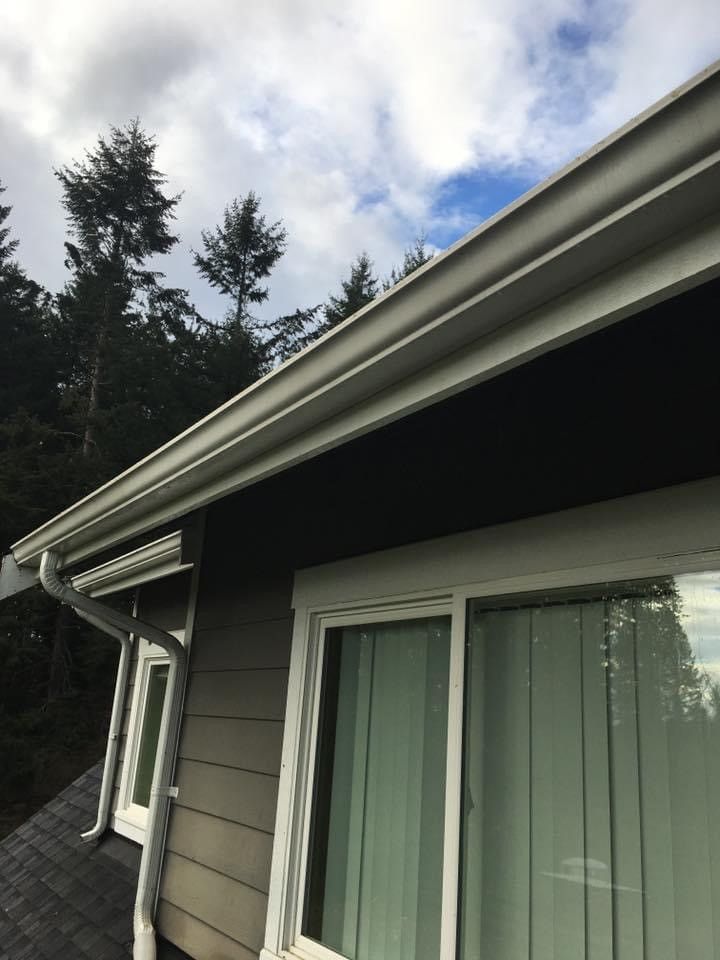 A house with a gutter on the side of it and trees in the background.