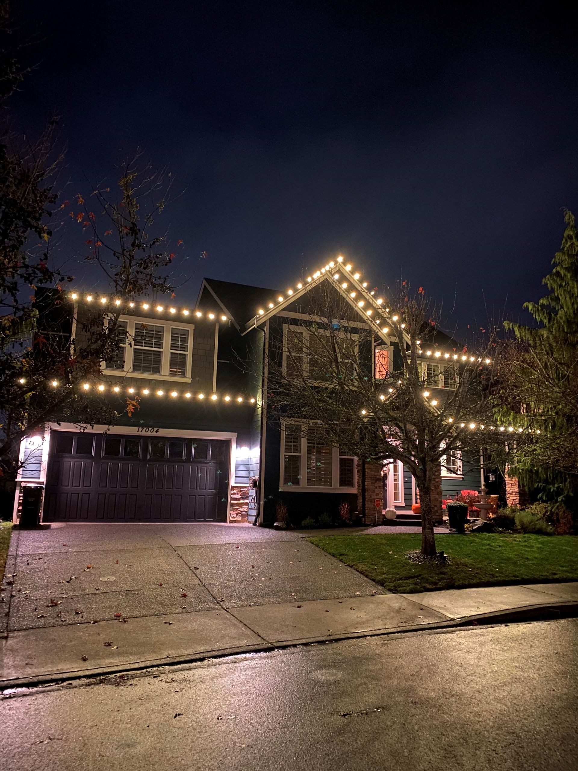 A large house is decorated with christmas lights at night.