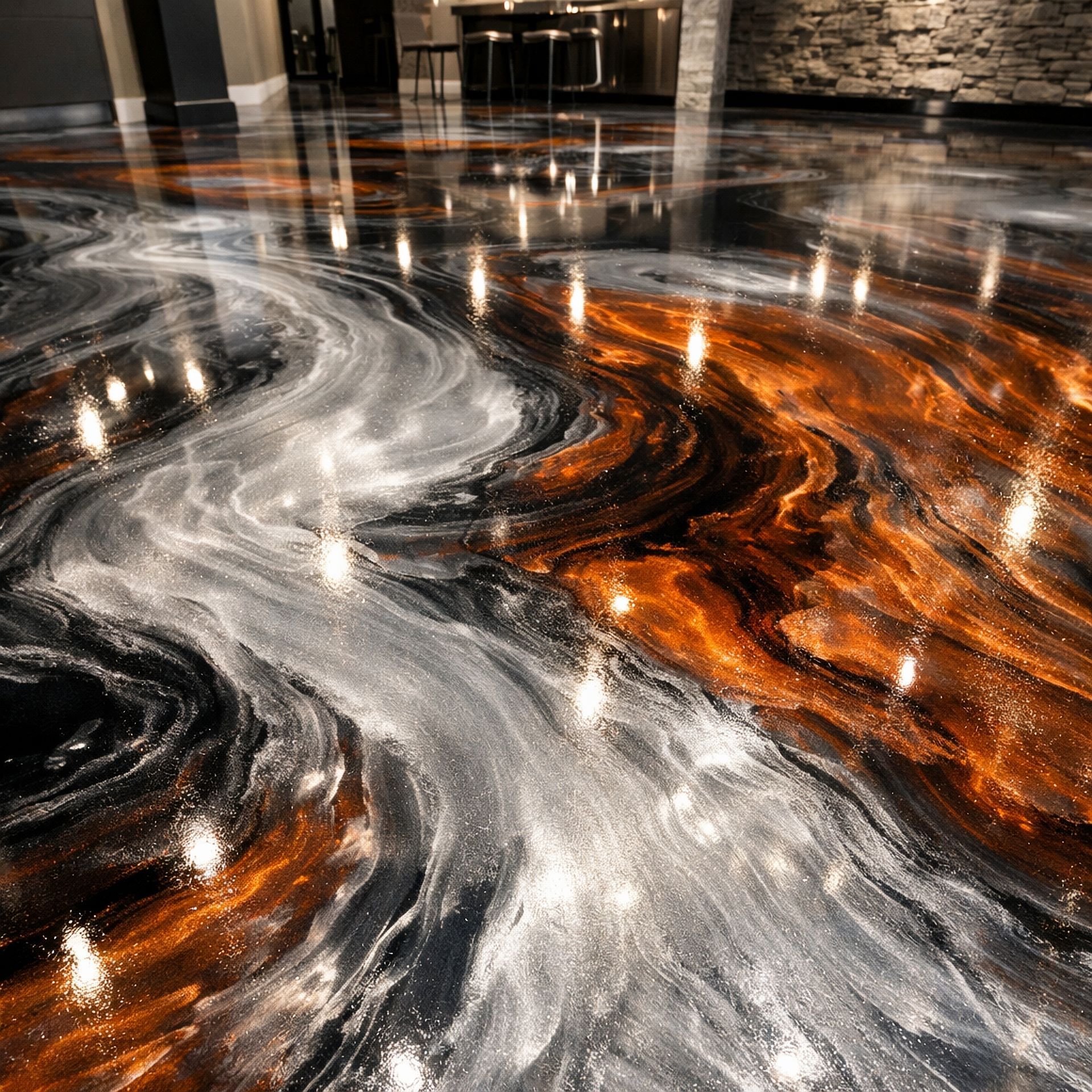 Abstract glossy floor with swirling black, white, and amber marbled patterns